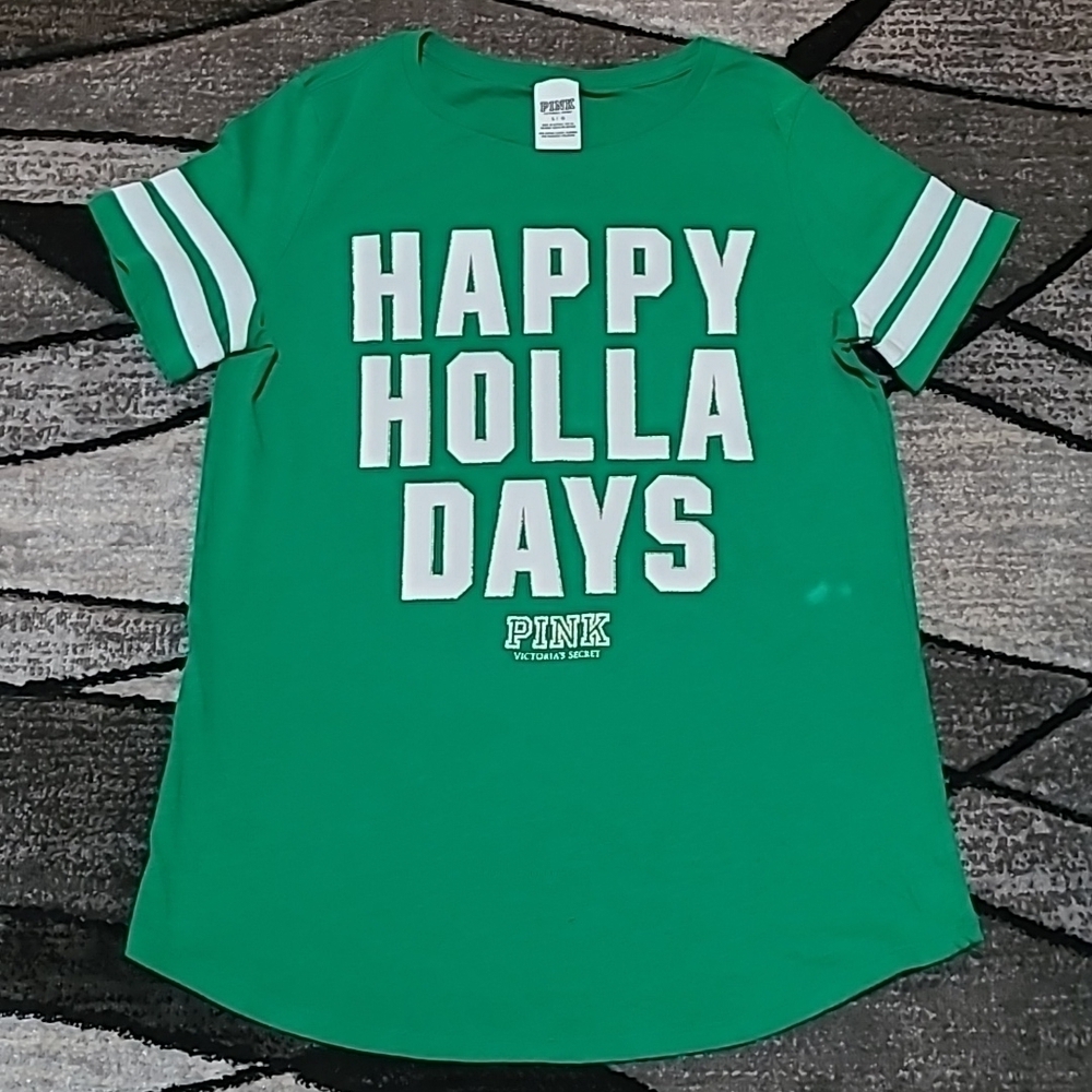VS PINK 2015 HAPPY HOLLA DAYS GOLD SHINE LOGO TEE-SHIRT